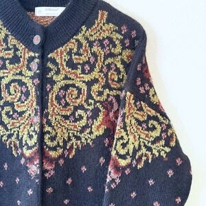 St‎ Michael Vintage Fair Isle Cardigan Sweater Womens Black/Gold/Red  UK44/US12